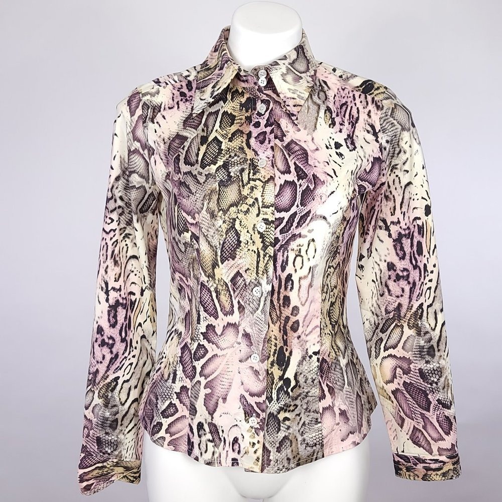 Etcetera Pink Cream Snakeskin Animal Print Button Down Shirt Blouse Womens 4